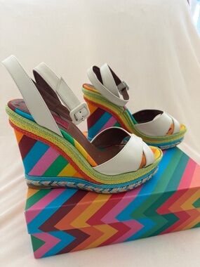 Valentino White Leather Multicolor Stripe Espadrille Wedges